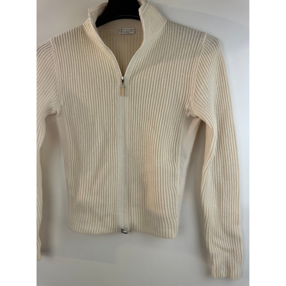 Brunello Cucinelli Cashmere Ribbed Full Zip Cardigan Cream Small Quiet Luxury - Picture 5 of 16